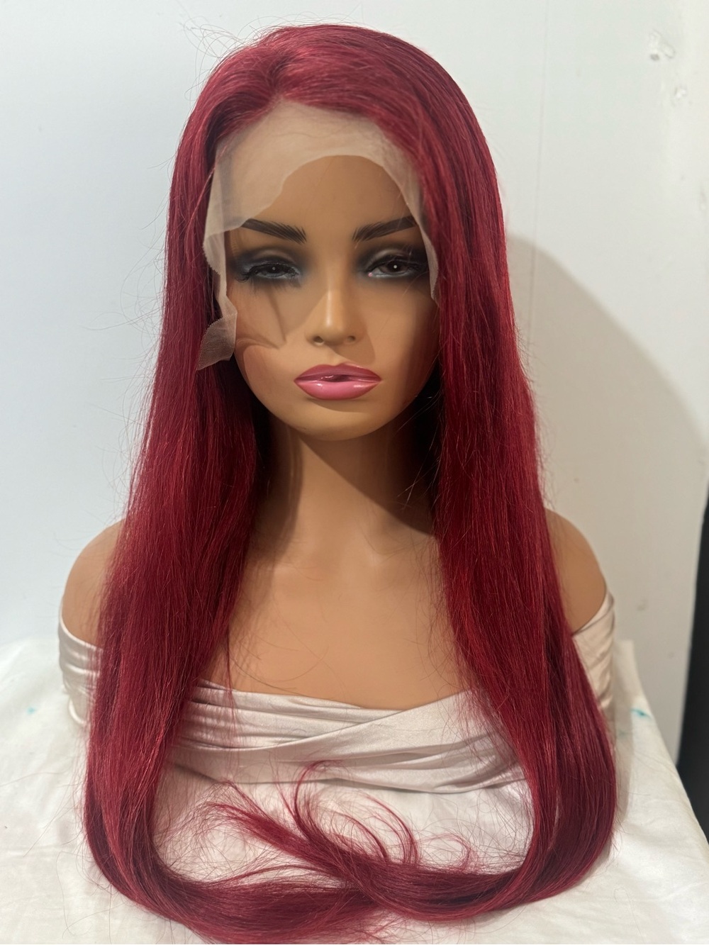 100% Human Hair Burgundy Red Lace Front Wig Long Straight Hair 24 in